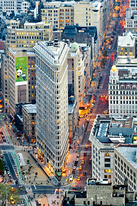 Aerial view of Manhattan at dusk highlighting Flatiron building