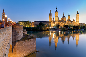 Zaragoza. Saragossa. Aragon. Spain. Cathedral Basilica of Our Lady of the Pillar and river Ebro at sunset