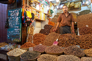 Dried fruit sale in souk of Marrakesh Morocco during daytime
