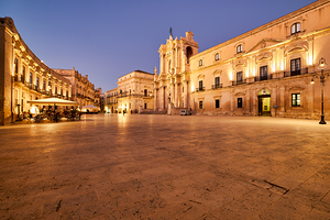 Syracuse Ortygia Island with Cathedral at dusk in Sicily Italy