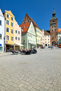 People enjoy meals in Hauptplatz square in Landsberg am Lech Ger