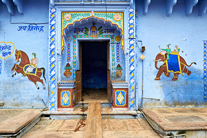 Decorated painted house in Bundi Rajasthan features traditional 