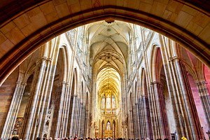 Grand cathedral interior with vaulted ceilings and stained glass by Marco Brivio