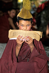 Young monk reads scripture in Tibet under natural light
