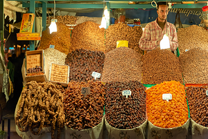 Dried fruit stall in Marrakesh market offers local snacks