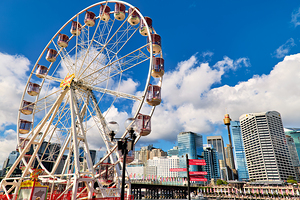 Sydney Ferris wheel with city skyline and blue sky.
