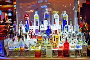 Bright display of vodka bottles at Bellagio Pub in Las Vegas