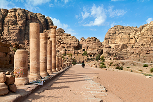 Exploration of Hadrian Gate at Petra archaeological site in Jord
