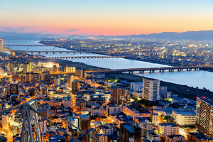 View of Yodo river at sunset from a height in Osaka Japan