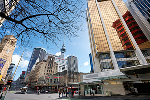Modern architecture and Sky Tower in Auckland New Zealand