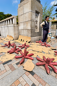 Red potatoes for sale in Tokyo near a bridge area