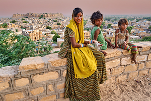 Group of children in Rajasthan Jaisalmer with city view