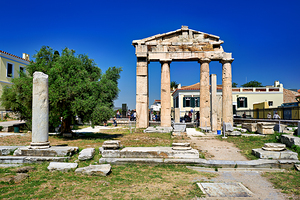 Roman Agora site shows ancient columns and ruins in Athens Greec