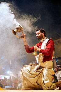 Aarti ceremony at the Ganges river in Varanasi during the evenin