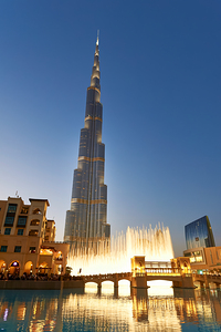 Burj Khalifa and Dubai Fountain light up the night sky in Dubai