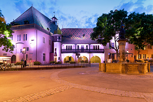 Evening view of Koifhus old custom house in Colmar Alsace