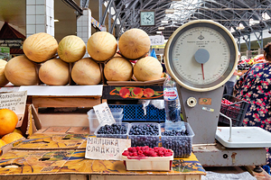 Market stalls with fruits and vegetables in Saint Petersburg