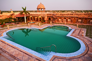 Khimsar Fort pool area in Rajasthan during sunset