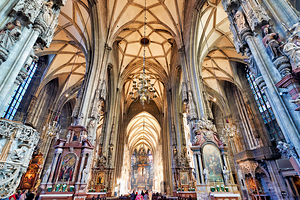 Ornate Gothic cathedral interior high vaulted ceilings altars