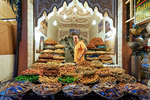 Sale of dried fruit at souk in Marrakesh Morocco