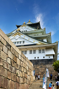 Osaka Castle stands tall in Kansai region of Japan under blue sk