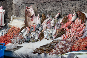 Fresh seafood display at Piscaria market in Catania Sicily