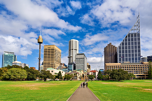 Sydney skyline with park and people walking