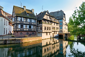 Timber framed houses by the river in Petit France Strasbourg