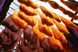 Colorful threads hanging in the dyers souk of Marrakesh Morocco