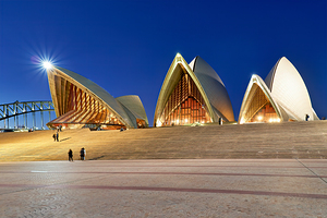 Sydney Opera House and Harbour Bridge at dusk.