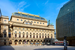 Pragues National Theatre and modern architecture contrast under