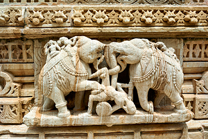 Elephants and warriors carved on Chittorgarh Fort wall in Rajast