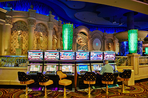 Gaming at slot machines in Caesars Palace Casino in Las Vegas