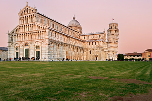 Sunset view of Leaning Tower and Cathedral in Pisa Tuscany