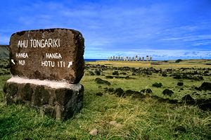 Easter Islands Ahu Tongariki Moai statues and directional sign.
