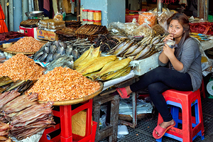 Woman selling dried seafood and shrimp at market.