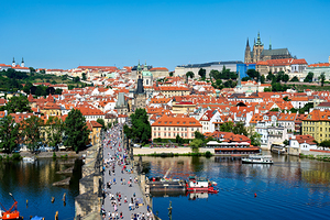 Pragues iconic Charles Bridge Vltava River and historic city 