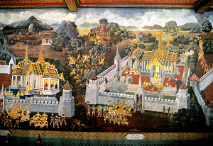 Wat Phra Kaew temple view in Bangkok with murals
