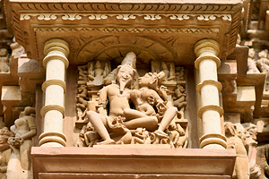 Erotic carvings on the temples of Khajuraho in Madhya Pradesh