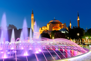 Hagia Sophia and fountain show at night in Istanbul Turkey