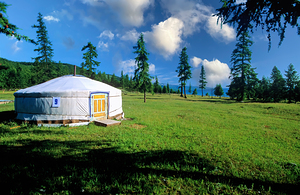 Ger tents near Khovsgol Lake in Mongolia during a sunny day