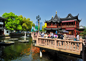 Vibrant Chinese garden with koi pond and visitors in Shanghai