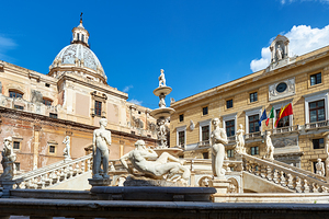 Fountain at Piazza Pretoria in Palermo with statues and architec by Marco Brivio