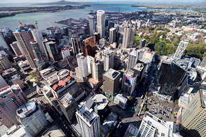Aerial view shows Auckland city and business district in New Zea