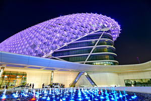 Visitors explore the W Abu Dhabi Yas Island hotel at night