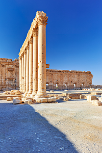 Ancient Temple of Bel in Palmyra Syria under bright sky