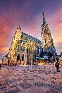 St. Stephens Cathedral Vienna at vibrant sunset.