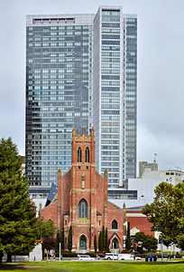 Church and modern buildings in San Francisco view
