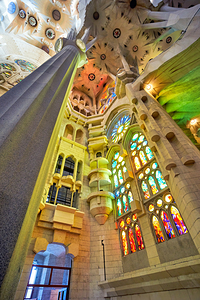 View of colorful windows inside Basílica de la Sagrada Família