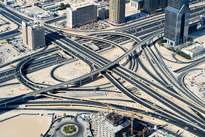 Complex highway interchange and urban landscape in Dubai